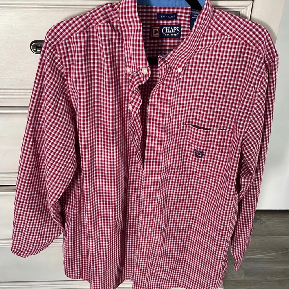Chap's Easy Care Red/white Check Button Up Long Sleeve Collared Men Shirt Size L